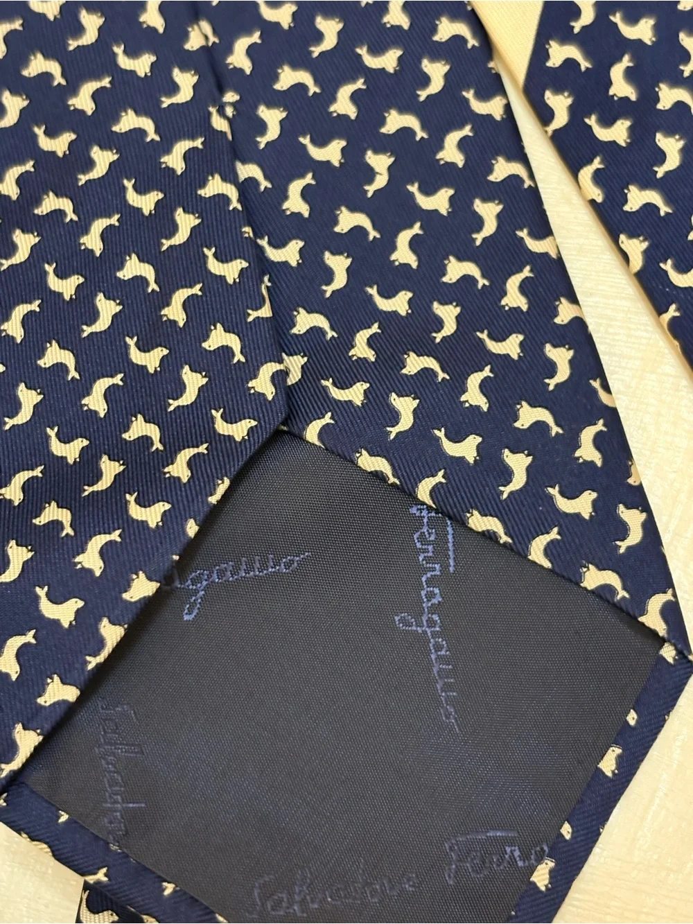 Salvatore Ferragamo Navy Tie with white Seals, new. 100% silk